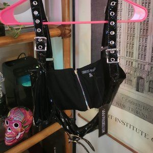 Dolls Kill ⚡NWT ⚡corset, black latex effect, under-boob cage, buckle detail XL